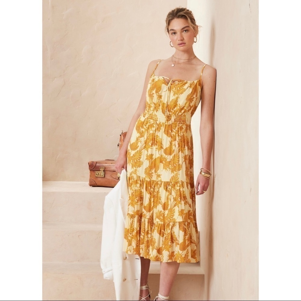 Banana Republic Yellow Floral Tiered Midi Dress
